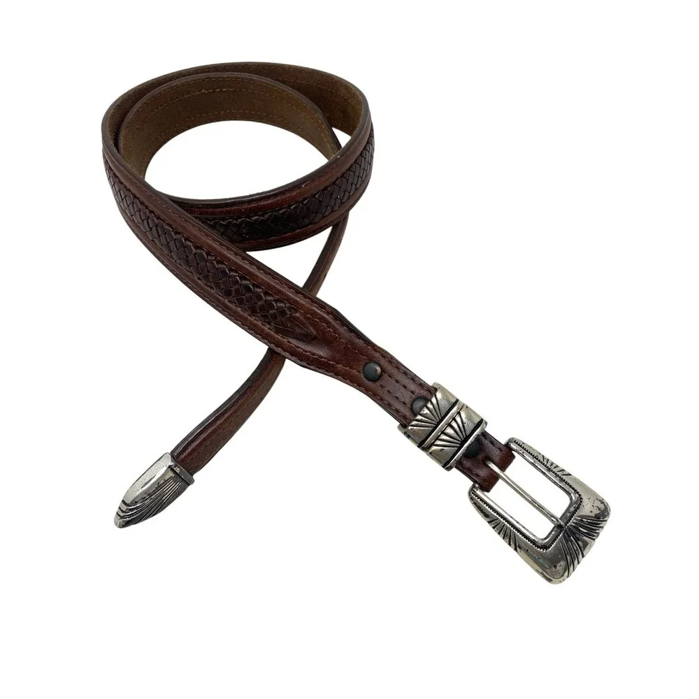 Tony Lama Belt 36 Brown Leather Braided Woven Silver Buckle Western Model 7317L